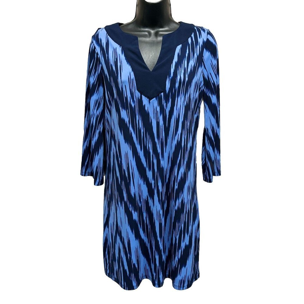 Michael Kors Long Bell Sleeve Navy/Blue Dress Abstract‎ Size XS Split Neck
